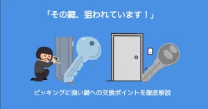 「ピッキングを試みる泥棒と、ギザギザの旧型鍵。防犯性の高いディンプルキーと頑丈なドアとの比較」