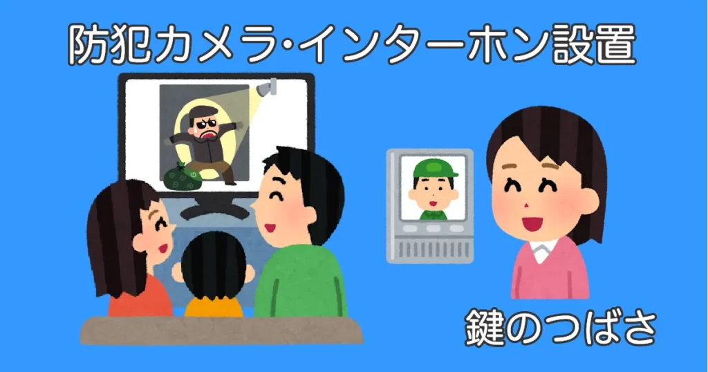 防犯カメラとモニター付きインターホン設置サービスを示すイラスト。カメラ映像を見る家族とモニターで応対する女性